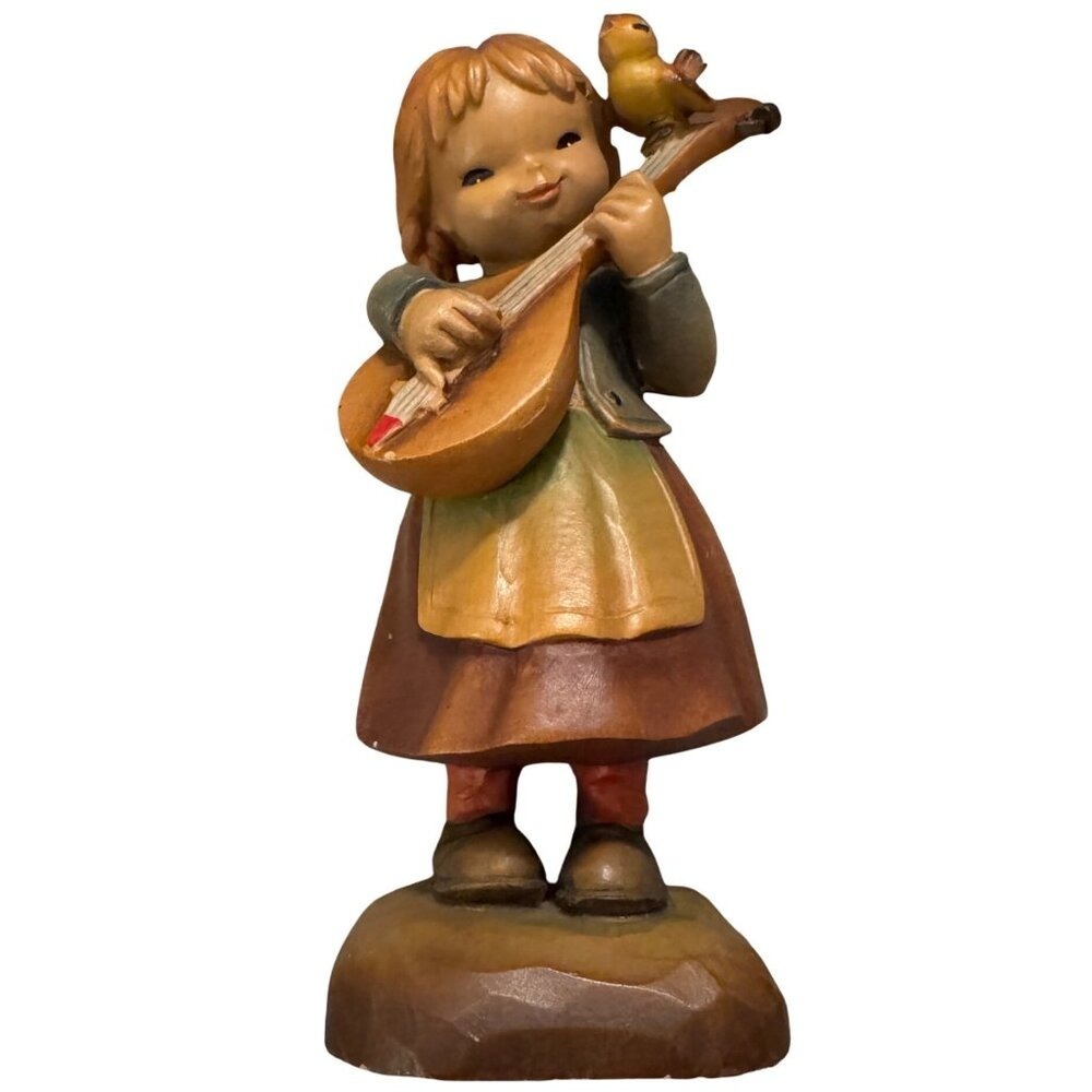 VTG ANRI MELODY FOR TWO Wood Carved Girl Playing Mandolin by Ferrandiz Italy